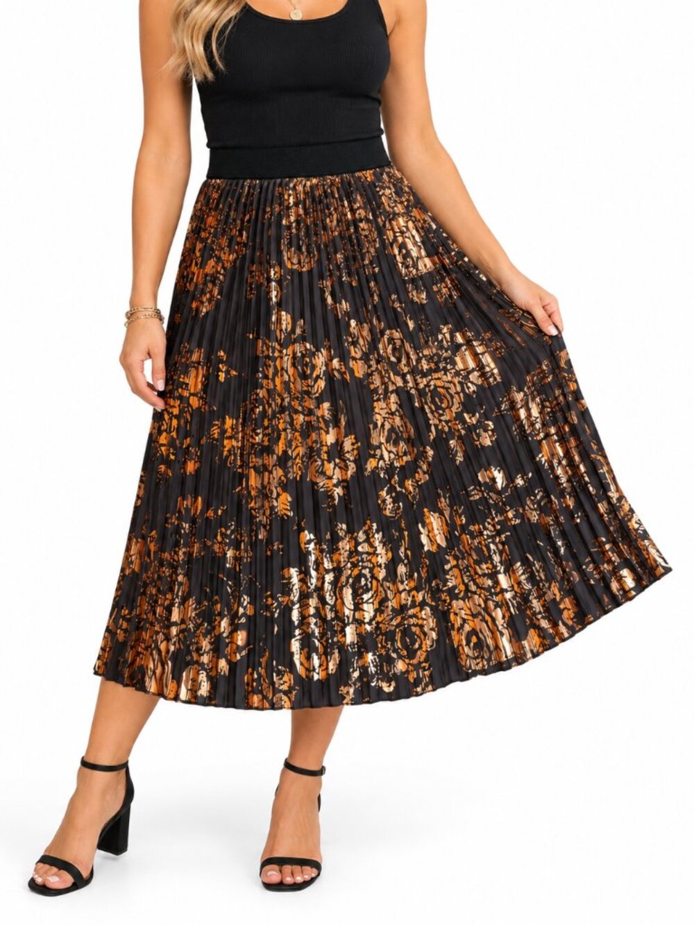 LuLaRoe Large Metallic Floral Pleated Midi Skirt Gold Silver Bronze NWOT